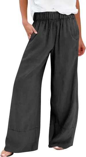 Wide Leg Linen Pants for Women Baggy Elastic High Waisted Palazzo Pants Boho Summer Beach Flowy Pants with Pockets