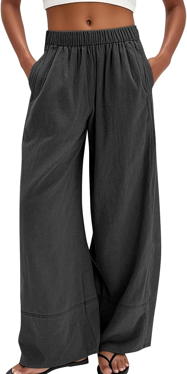 Wide Leg Linen Pants for Women Baggy Elastic High Waisted Palazzo Pants Boho Summer Beach Flowy Pants with Pockets