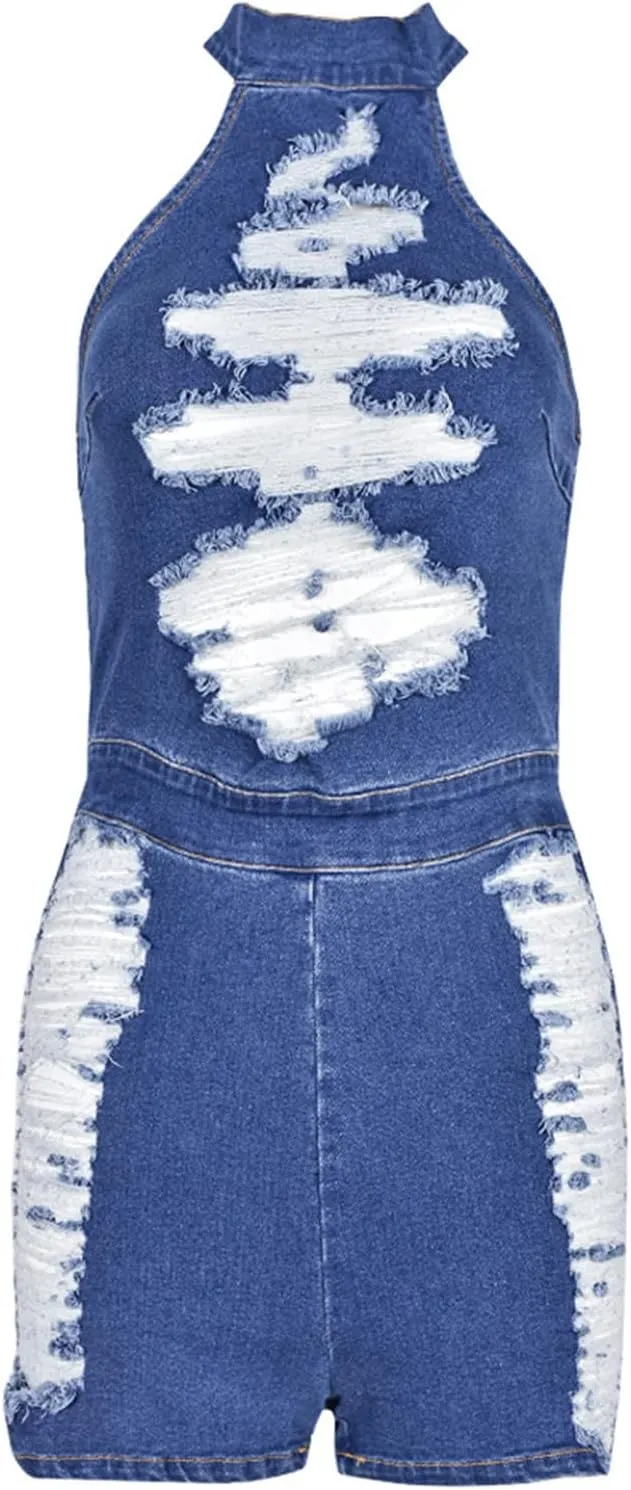 Womens 2023 Summer Fashion Backless Denim jumpsuit Ripped Jean Romper High Waist Casual Overalls