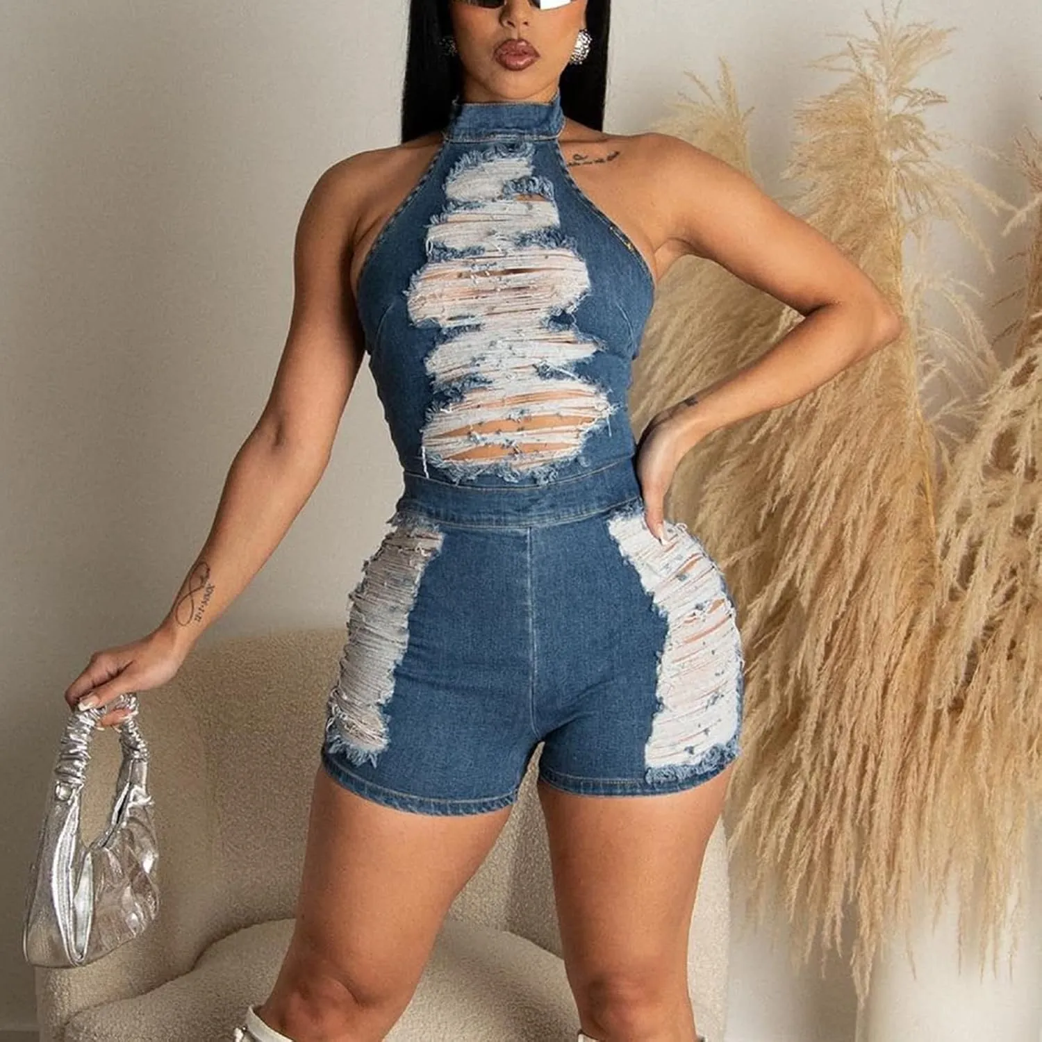 Womens 2023 Summer Fashion Backless Denim jumpsuit Ripped Jean Romper High Waist Casual Overalls