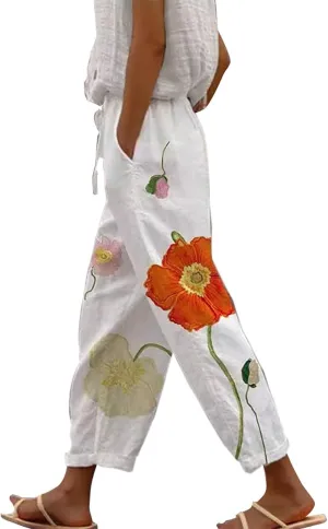Women's Boho Summer Linen Capri Pants Elastic Drawstring Waist Wide-Leg Trousers with Pockets for Travel