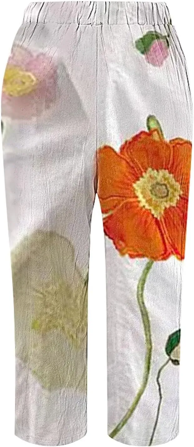 Women's Boho Summer Linen Capri Pants Elastic Drawstring Waist Wide-Leg Trousers with Pockets for Travel