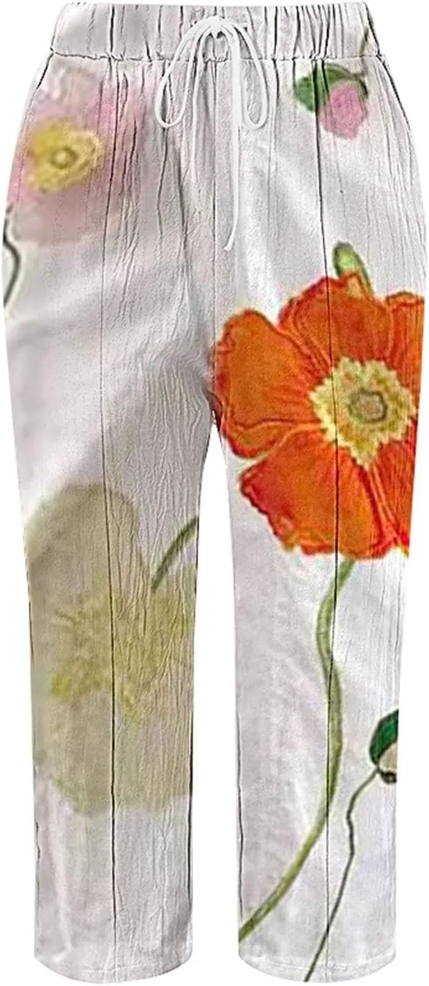Women's Boho Summer Linen Capri Pants Elastic Drawstring Waist Wide-Leg Trousers with Pockets for Travel