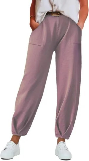 Women's Casual Lantern Tapered Harem Pants Summer Baggy High Elastic Waisted Loose Fit Pleated Trousers with Pockets