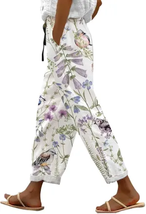 Women's Cropped Linen Capris with Pockets, Adjustable Waist Wide-Leg Trousers Beach Vacations Casual Outdoor