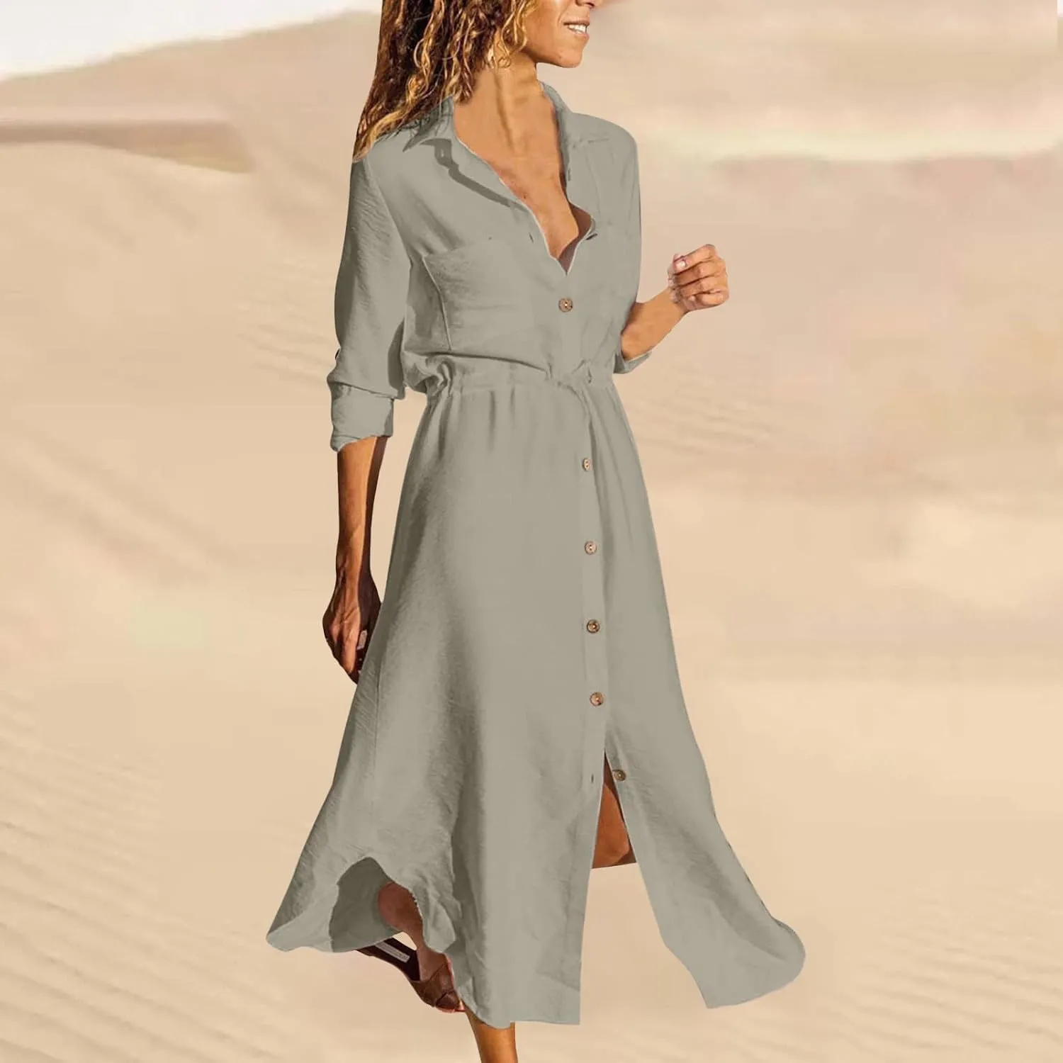 Womens Dress Summer Casual Short Sleeve Button Down Shirt Dresses Beach Cover Up Sundress with Pockets