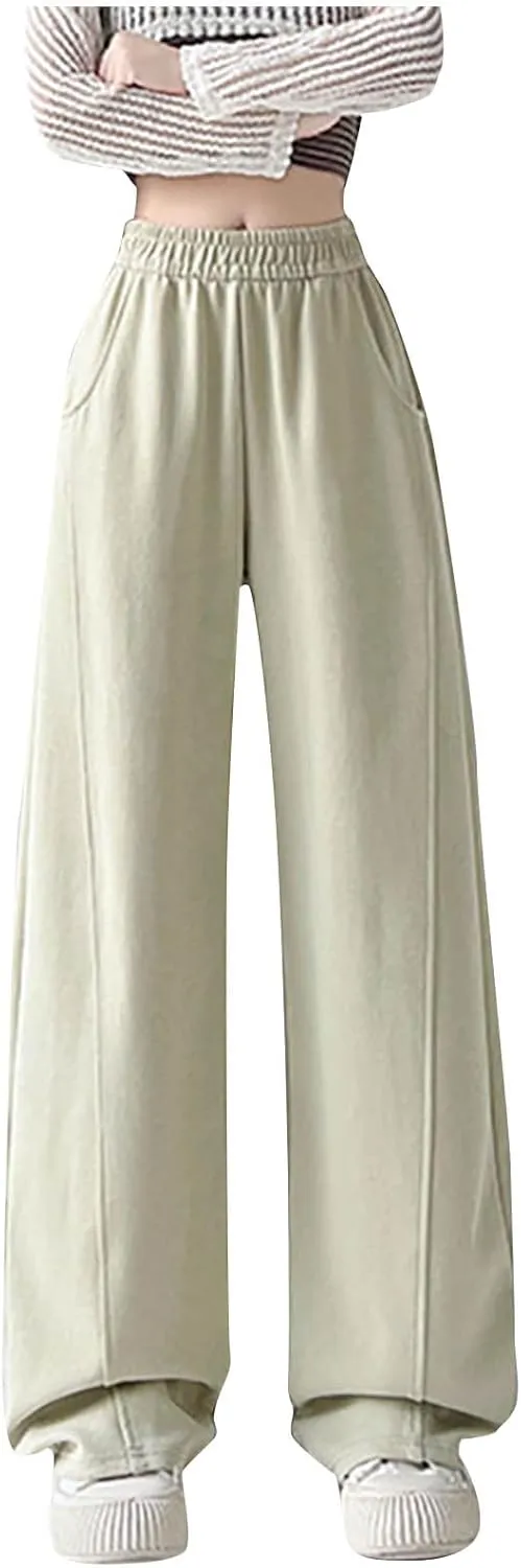 Womens High Rise Cargo Sweatpants Wide Leg Elastic Waist Pants Casual Loose Solid Color Lounge Trousers with Pockets