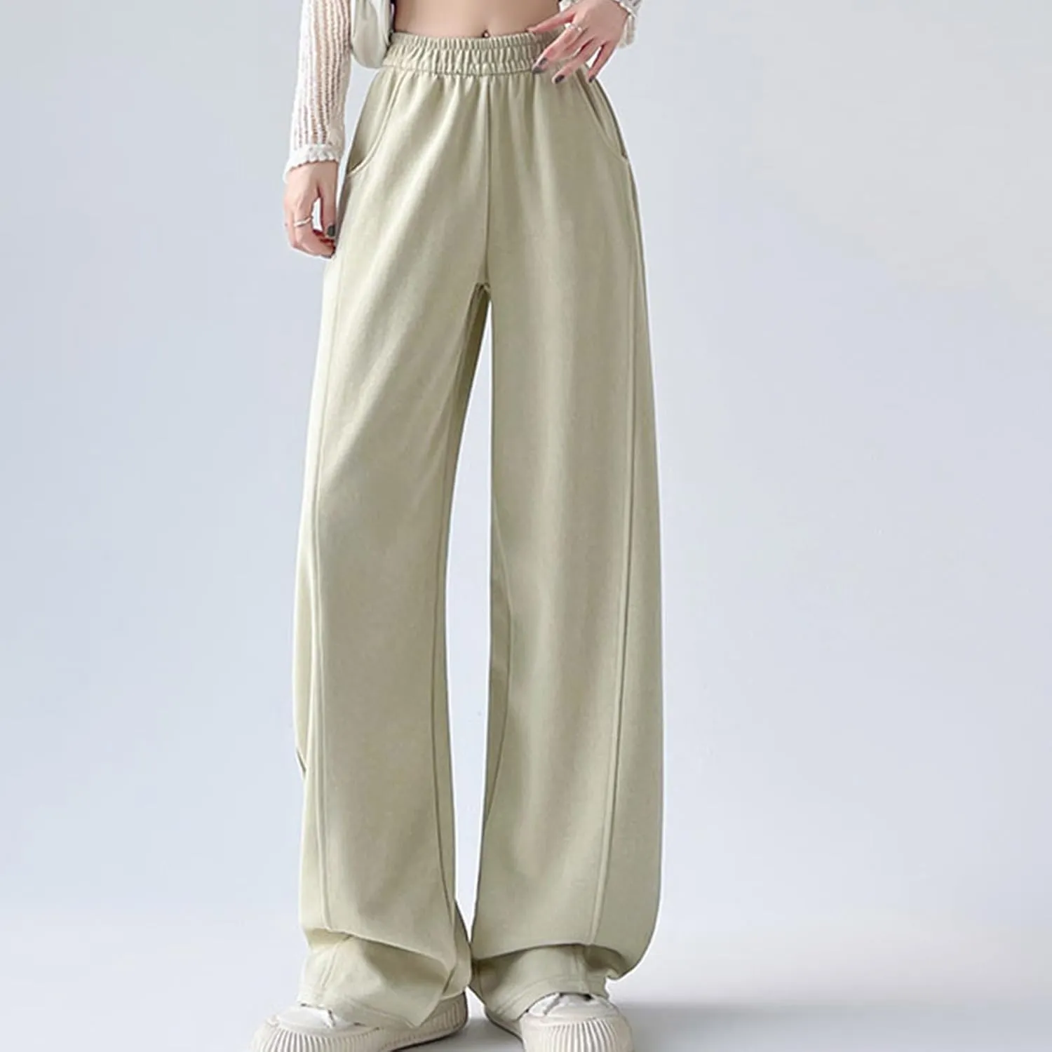 Womens High Rise Cargo Sweatpants Wide Leg Elastic Waist Pants Casual Loose Solid Color Lounge Trousers with Pockets