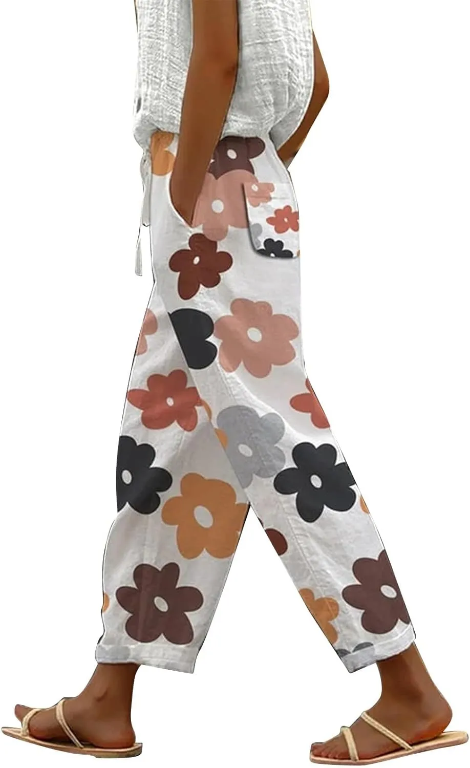 Womens Linen Pants Summer Casual Drawstring Pants Casual Elastic Waist Comfy Trousers Capri Pants for Women Jeggings