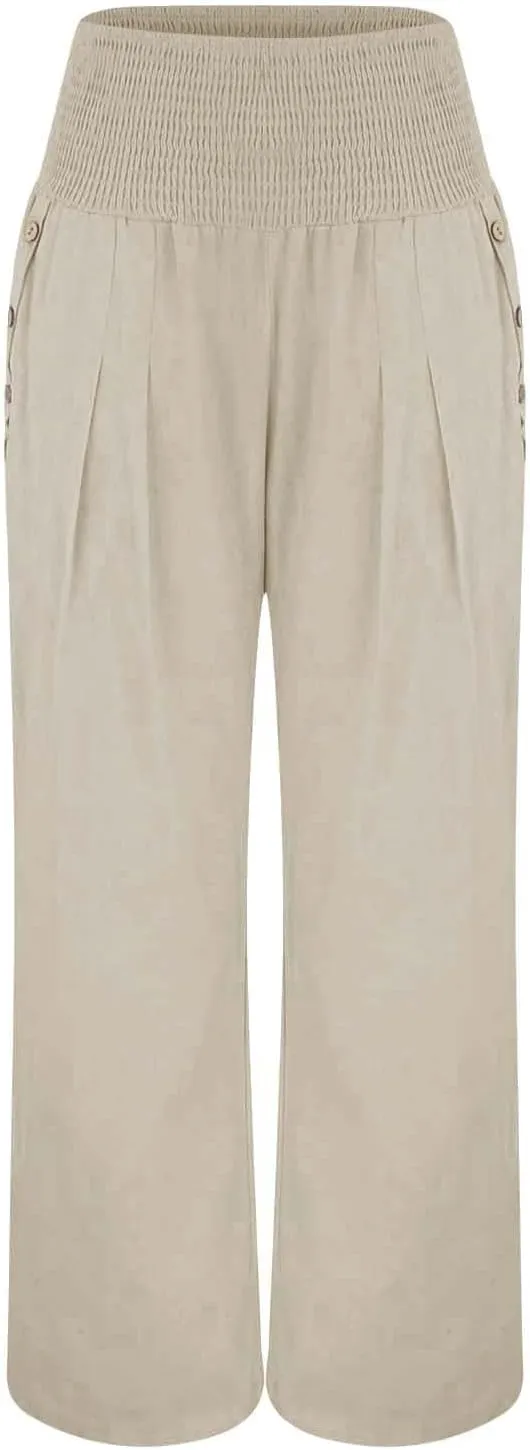 Womens Plaid Pants Women's Linen Summer Solid Color Palazzo Pants Flowy Wide Leg High Waist Comfy White Gauze
