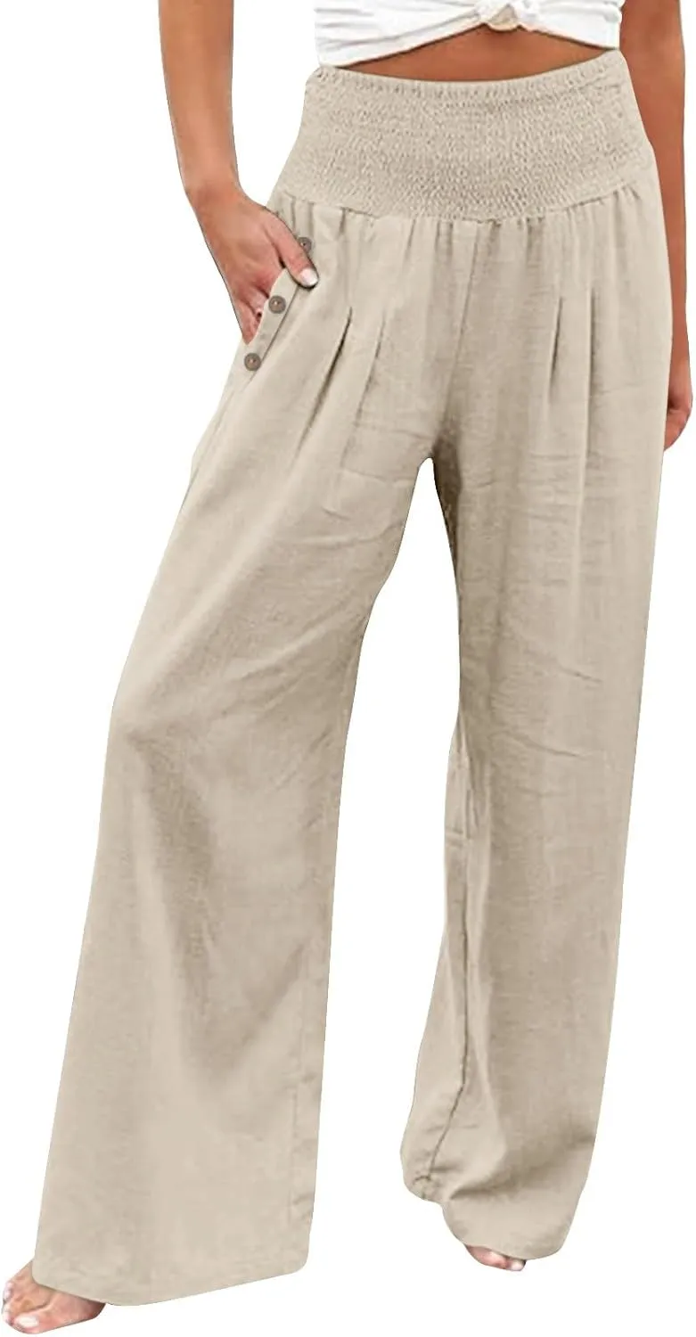 Womens Plaid Pants Women's Linen Summer Solid Color Palazzo Pants Flowy Wide Leg High Waist Comfy White Gauze