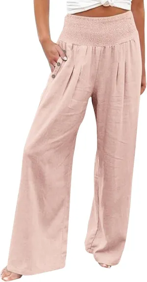 Womens Plaid Pants Women's Linen Summer Solid Color Palazzo Pants Flowy Wide Leg High Waist Comfy White Gauze