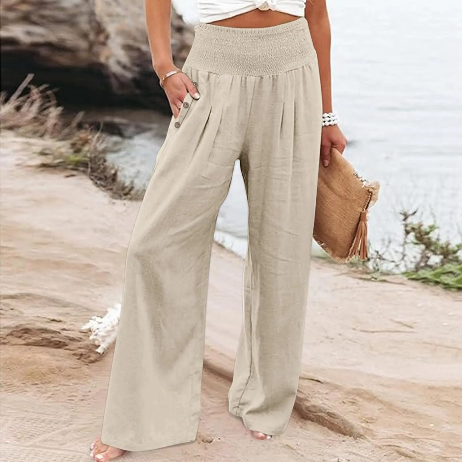 Womens Plaid Pants Women's Linen Summer Solid Color Palazzo Pants Flowy Wide Leg High Waist Comfy White Gauze