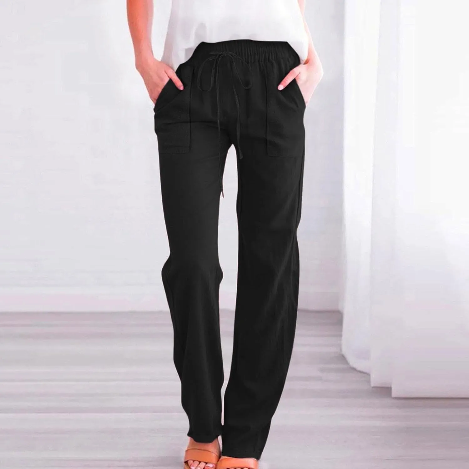 Women's Solid Cotton Linen Straight Pants Lightweight Summer Relax Fit Elastic Waist Lounge Long Trousers with Pockets