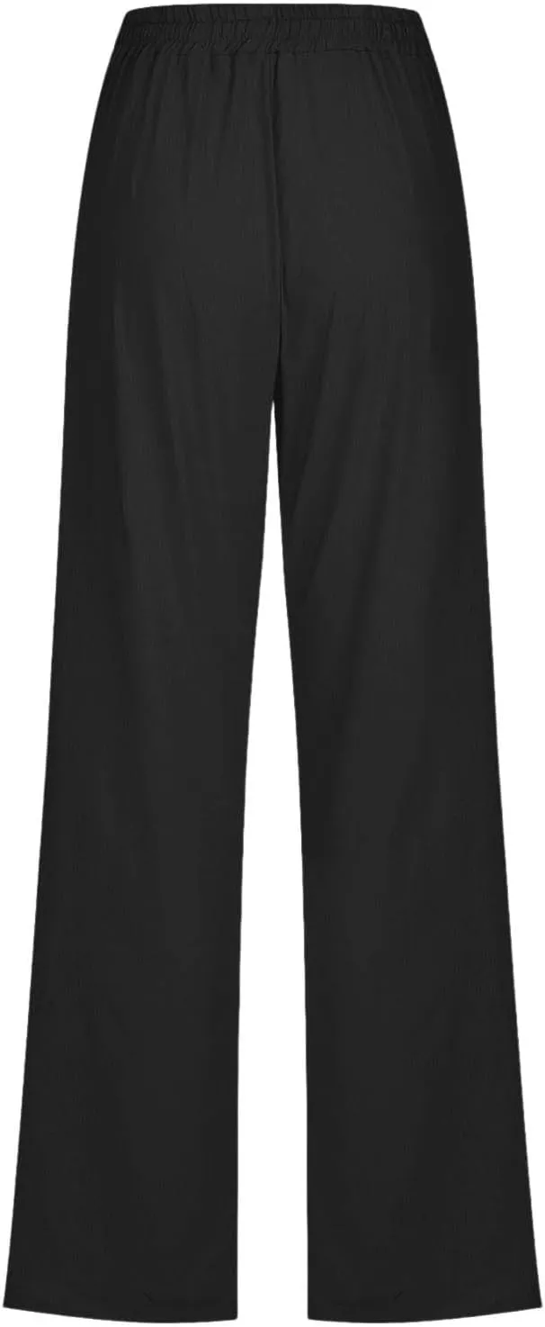 Women's Solid Cotton Linen Straight Pants Lightweight Summer Relax Fit Elastic Waist Lounge Long Trousers with Pockets