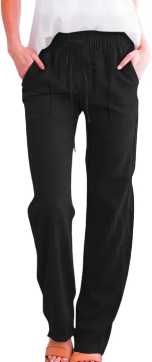 Women's Solid Cotton Linen Straight Pants Lightweight Summer Relax Fit Elastic Waist Lounge Long Trousers with Pockets