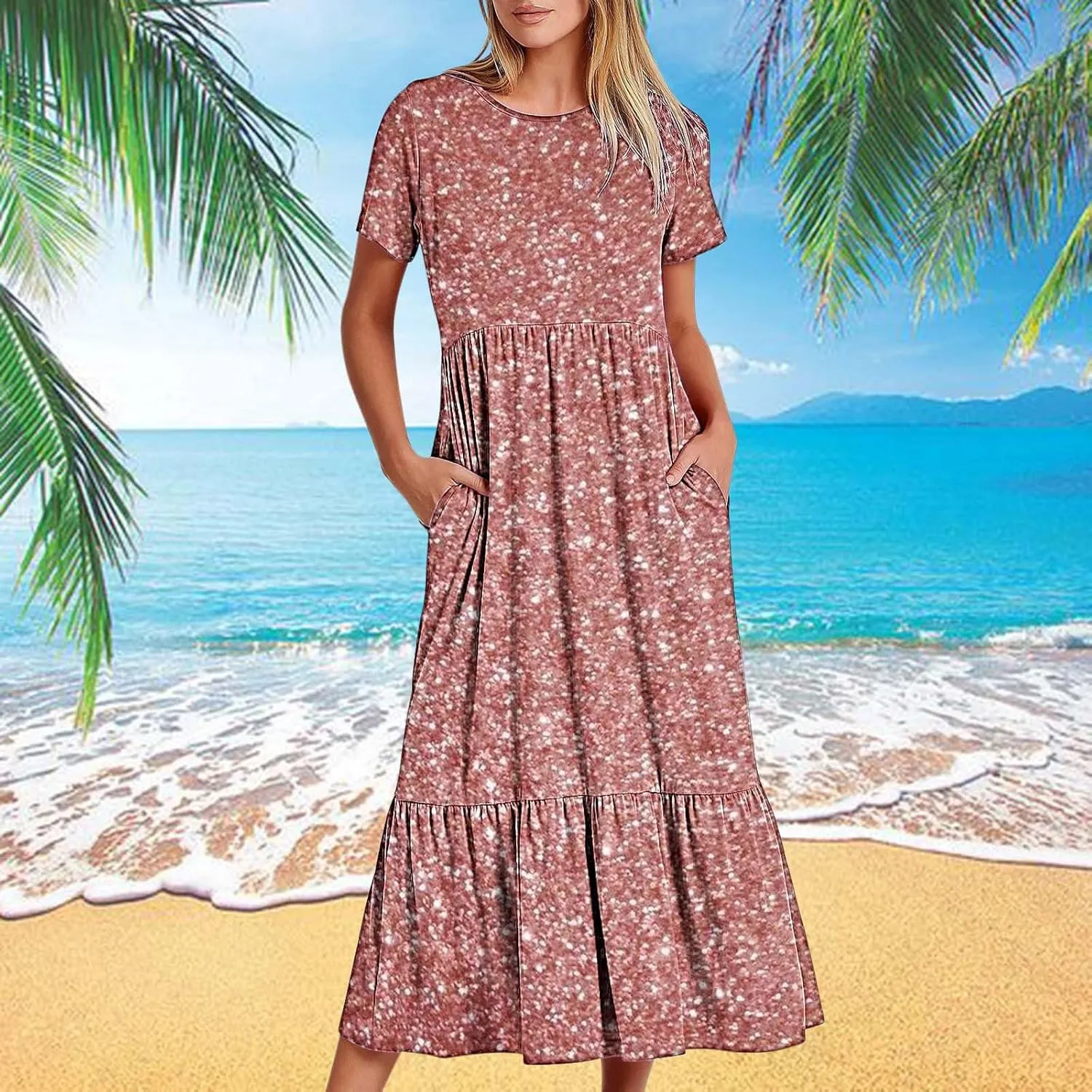 Womens Summer Casual Short Sleeve Vacation Long Dress Gradient Flowy Tiered Maxi Beach Dress with Pockets