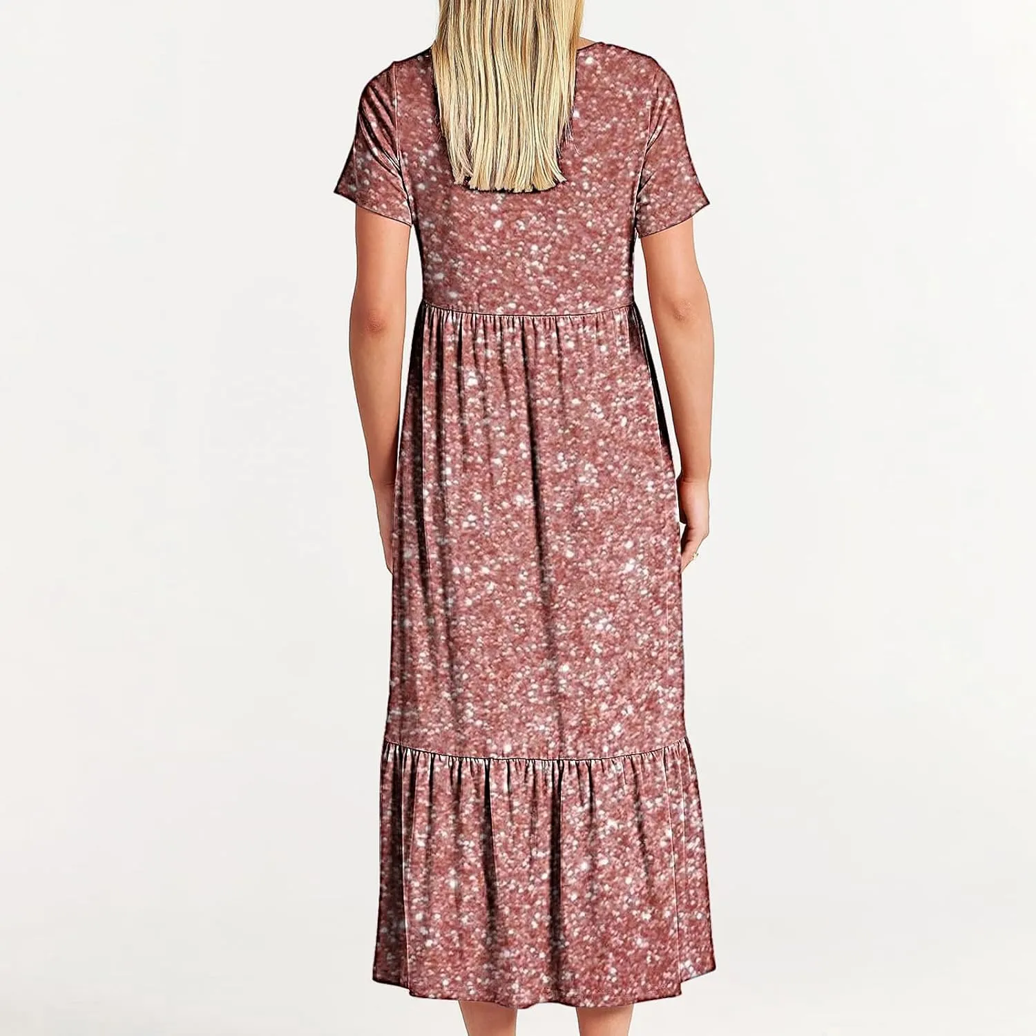 Womens Summer Casual Short Sleeve Vacation Long Dress Gradient Flowy Tiered Maxi Beach Dress with Pockets