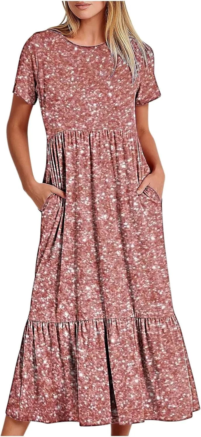 Womens Summer Casual Short Sleeve Vacation Long Dress Gradient Flowy Tiered Maxi Beach Dress with Pockets