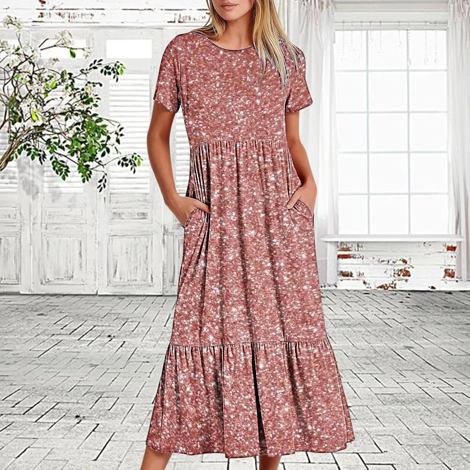 Womens Summer Casual Short Sleeve Vacation Long Dress Gradient Flowy Tiered Maxi Beach Dress with Pockets