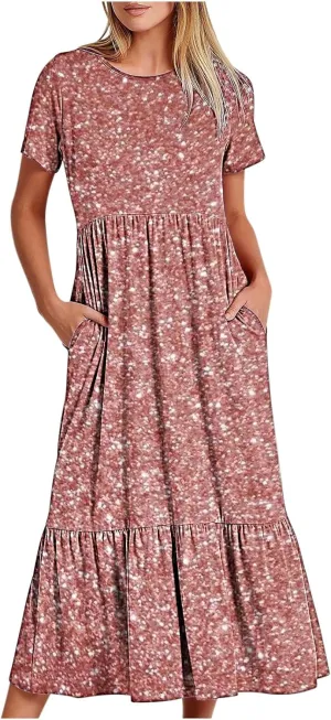 Womens Summer Casual Short Sleeve Vacation Long Dress Gradient Flowy Tiered Maxi Beach Dress with Pockets