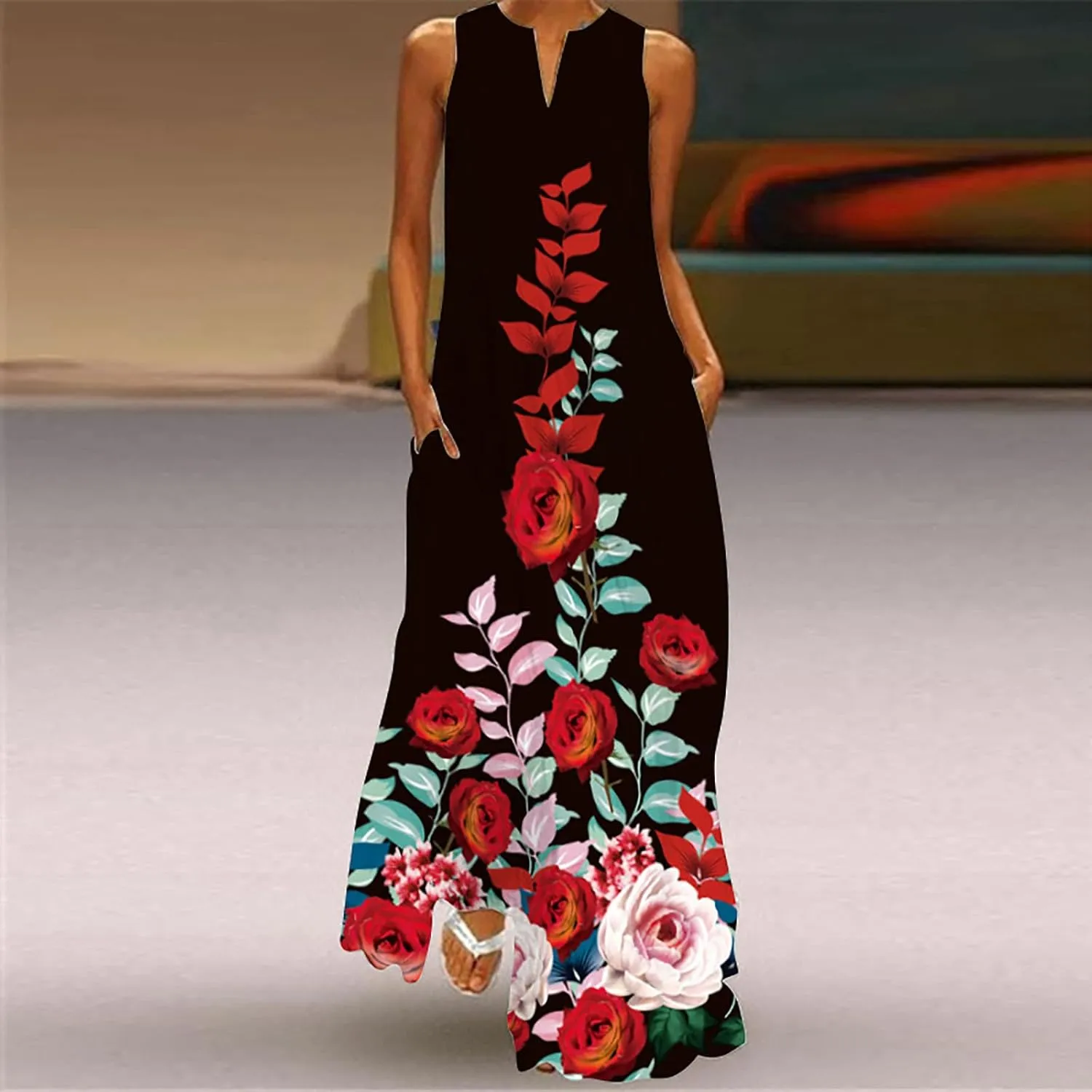 Womens Summer Elegant Long Dress with Pockets Fashion Floral Print Sleeveless Maxi Dress Casual Floor Length Dress
