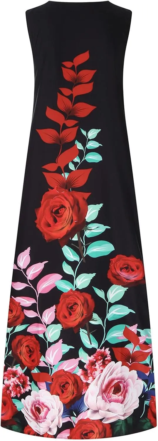 Womens Summer Elegant Long Dress with Pockets Fashion Floral Print Sleeveless Maxi Dress Casual Floor Length Dress