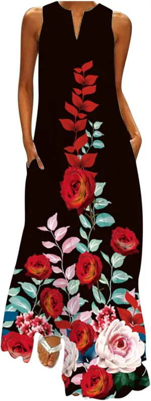 Womens Summer Elegant Long Dress with Pockets Fashion Floral Print Sleeveless Maxi Dress Casual Floor Length Dress