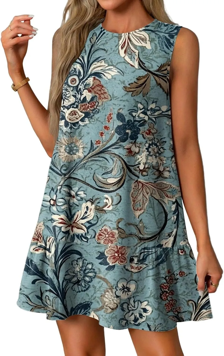 Women's Summer Tank Dress with Pockets, Loose Ruffle Sleeveless Crew Neck Casual Mini Beach Vacation Sundresses
