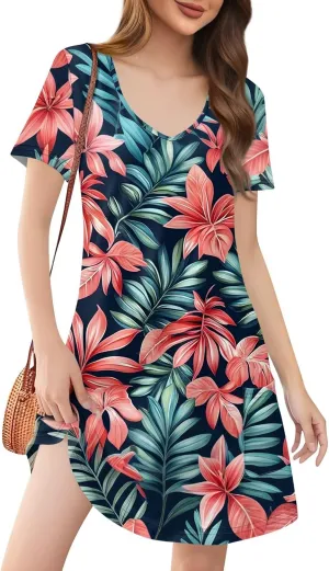 Women's V-Neck Short Sleeve Summer Mini Dress with Pockets, Loose Casual Boho Floral Hawaiian Beach Sundress