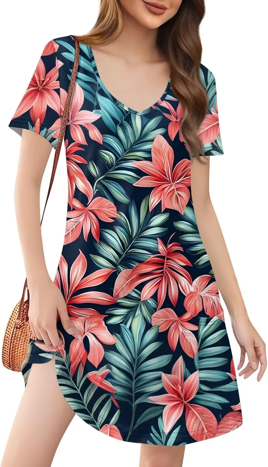 Women's V-Neck Short Sleeve Summer Mini Dress with Pockets, Loose Casual Boho Floral Hawaiian Beach Sundress