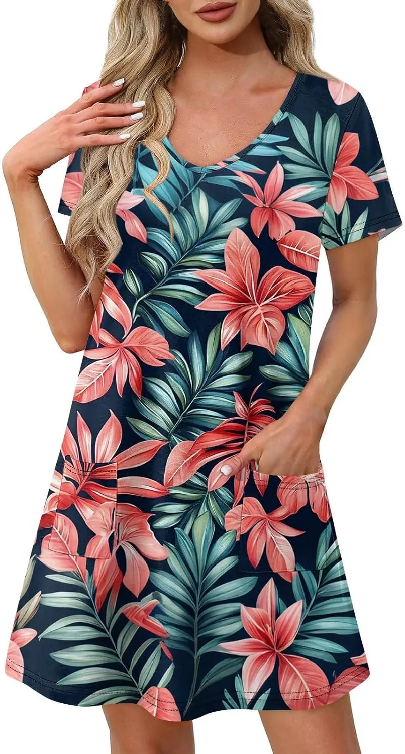 Women's V-Neck Short Sleeve Summer Mini Dress with Pockets, Loose Casual Boho Floral Hawaiian Beach Sundress