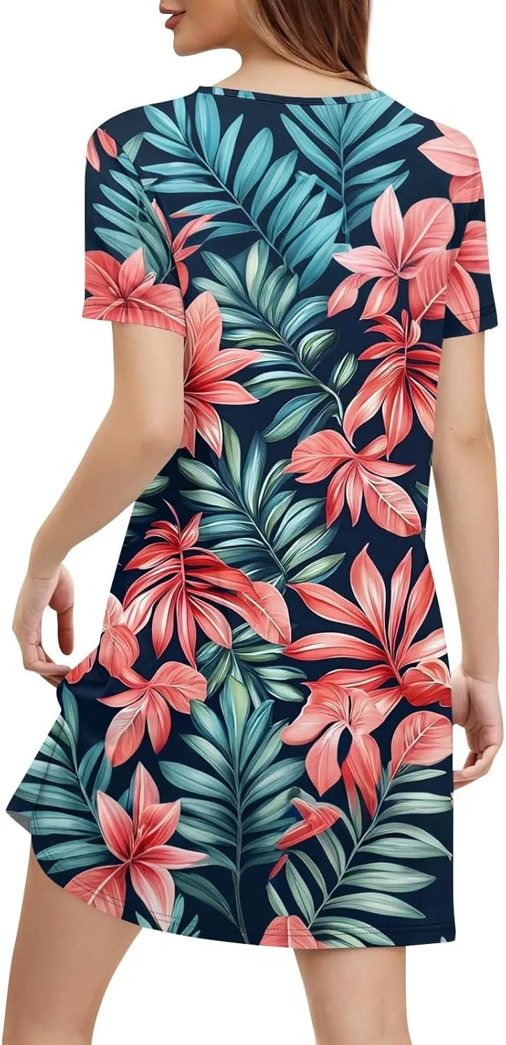 Women's V-Neck Short Sleeve Summer Mini Dress with Pockets, Loose Casual Boho Floral Hawaiian Beach Sundress