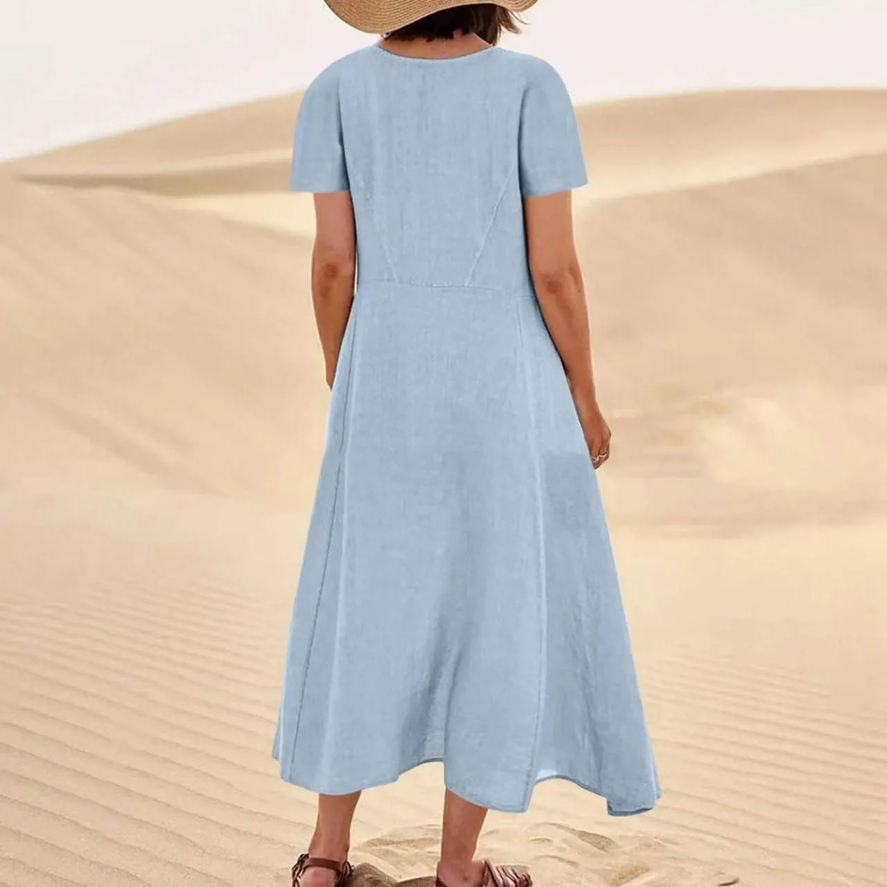 XUNRYAN Summer Dresses for Women 2025 Vacation Trendy Short Sleeve Crewneck Cotton Linen Dress Flowy Beach Sundress w Pockets