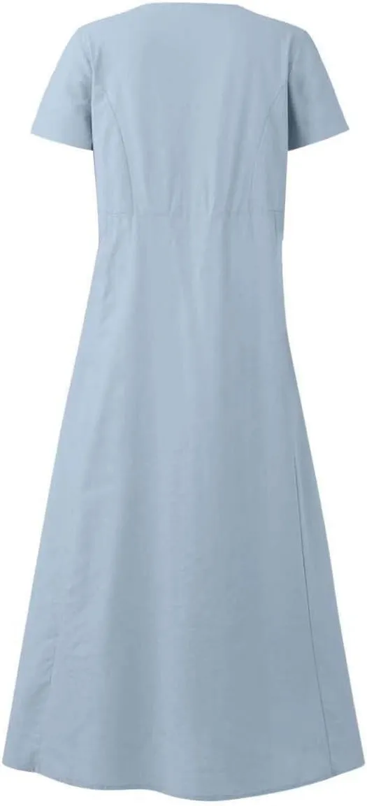 XUNRYAN Summer Dresses for Women 2025 Vacation Trendy Short Sleeve Crewneck Cotton Linen Dress Flowy Beach Sundress w Pockets