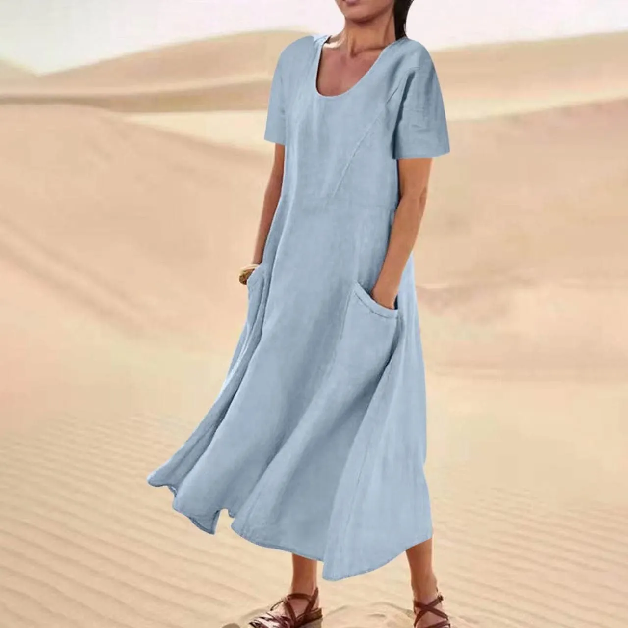 XUNRYAN Summer Dresses for Women 2025 Vacation Trendy Short Sleeve Crewneck Cotton Linen Dress Flowy Beach Sundress w Pockets