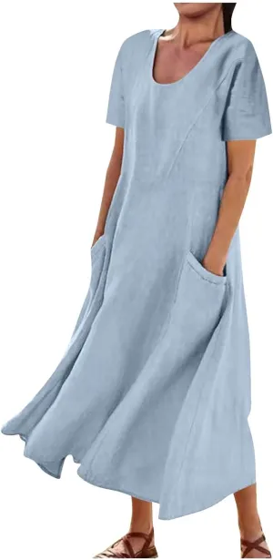 XUNRYAN Summer Dresses for Women 2025 Vacation Trendy Short Sleeve Crewneck Cotton Linen Dress Flowy Beach Sundress w Pockets