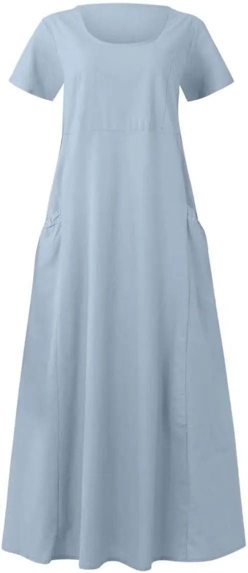 XUNRYAN Summer Dresses for Women 2025 Vacation Trendy Short Sleeve Crewneck Cotton Linen Dress Flowy Beach Sundress w Pockets