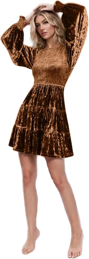 XUNRYAN Womens Velvet Dress Fall Winter Crushed Long Sleeve Crew Neck Elastic Smocked A-Line Tiered Ruffle Mini Dresses